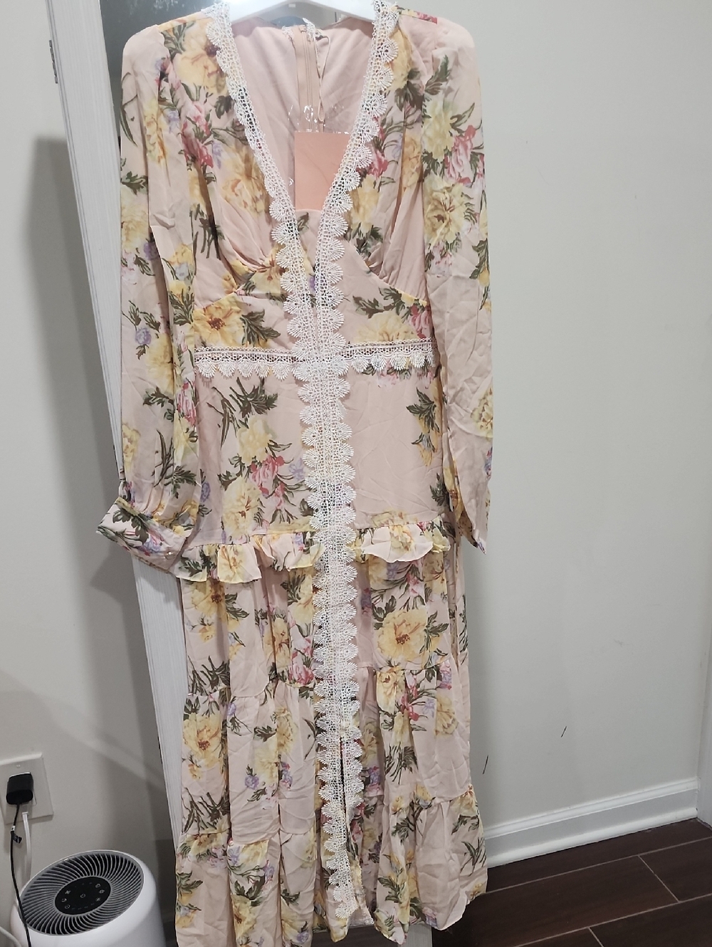 Floral Lace-Trim Pink Maxi Dress